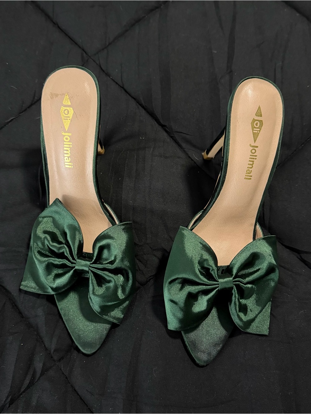 Jolimall Emerald Green Satin Bow Pointed Mules